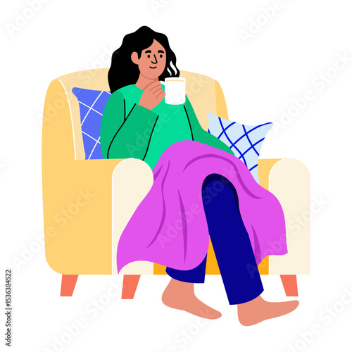 Flat style illustration showing character enjoying teatime
