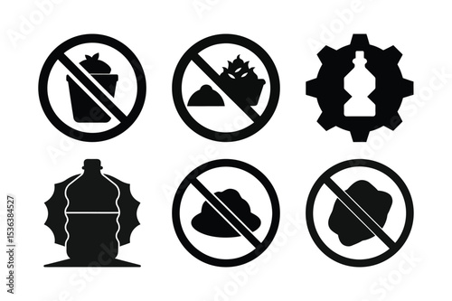 Collection of Restriction Symbols Littering Pollution Machinery Bottles and Soil Prohibited Environmental Protection Ensuring Cleanliness and Safe Operations