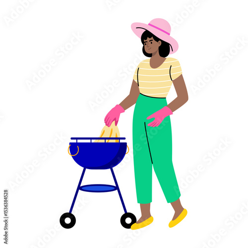 Flat style illustration showing a character cleaning grill