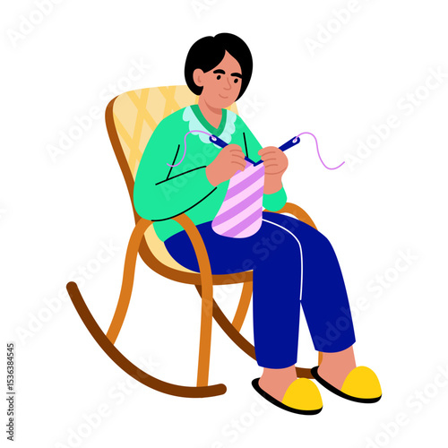 A flat style illustration showing character knitting with yarn
