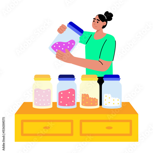 Flat style illustration showing a character organizing spice jars