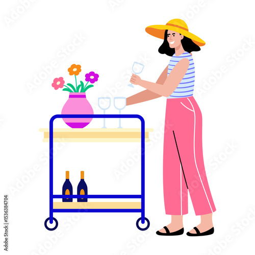 Flat style illustration showing a character cleaning a food trolley