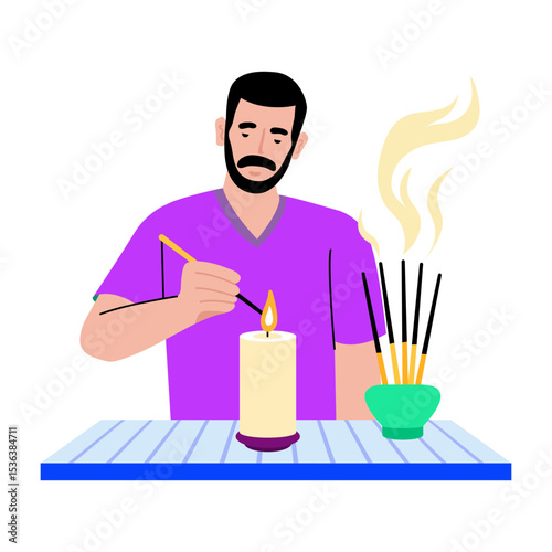A flat style illustration showing a character lighting a scented candle