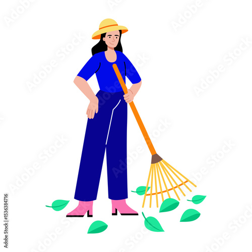 Flat style illustration showing a character raking leaves