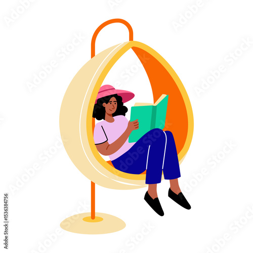 Flat style illustration showing a character sitting on an egg chair
