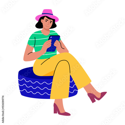 A flat style illustration showing a person sitting on an ottoman