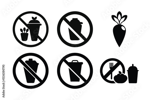 Collection of Restriction Symbols Representing Food and Gardening Related Restrictions with Carrots Highlighted in the Right Portion of the Image