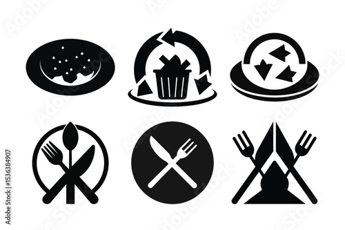 Diverse Set of Black and White Food Related Icons Displaying Recycling, Cutlery, and Culinary Concepts with Varied Artistic Representations