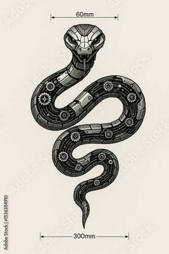 Futuristic symmetrical robot snake, uniquely designed.
For design, education, decoration, posters, futuristic NFTs, typography, and illustration assets.