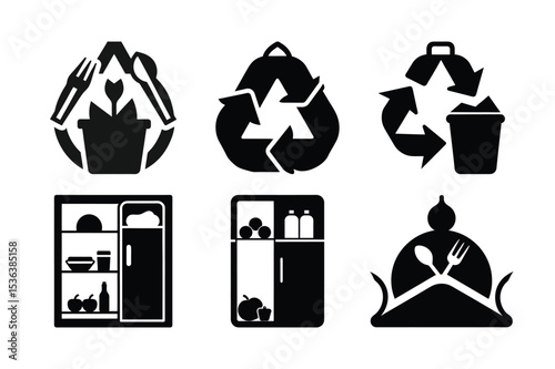 Diverse Visualizations of Sustainability Food Storage and Consumption A Black and White Iconographic Representation Promoting Awareness and Eco Friendliness