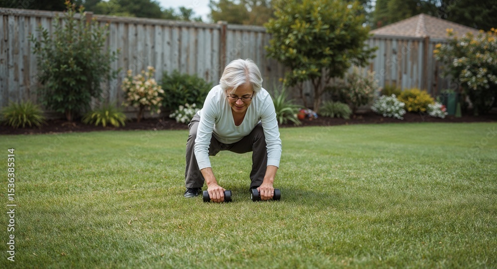 Fototapeta premium asian grandma in garden lawn lifting tiny weights smiling