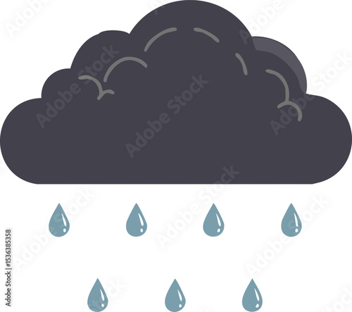 Dark flat cloud with raindrops, minimal weather style