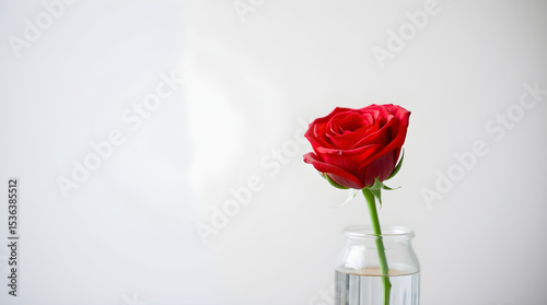 Single red rose blooming in a glass vase on white background