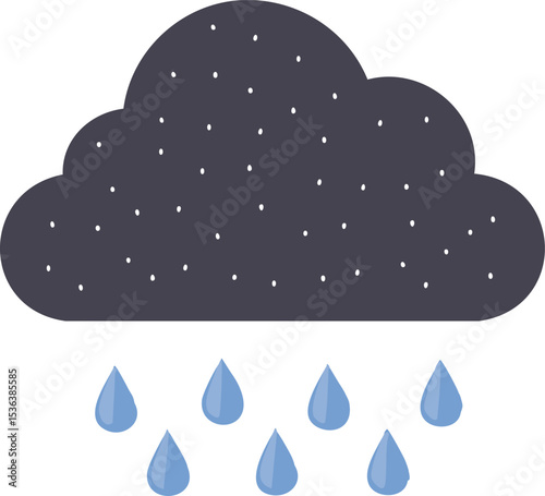 Dark flat cloud with raindrops, minimal weather style