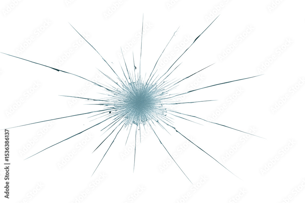 Obraz premium Radial glass fracture pattern branching from central impact point, spider web-like cracks spreading across transparent surface