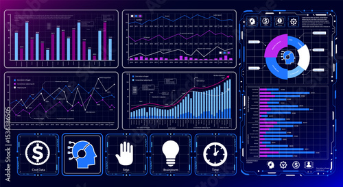 Modern data analytics dashboard with AI processing. Futuristic interface showing charts, graphs, and intelligent insights. Ideal for tech, machine learning, and big data visualization.