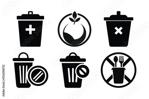 Waste Management Symbol Collection Illustrating Various Disposal and Environmental Concepts Recycling Composting and Responsible Waste Handling Practices