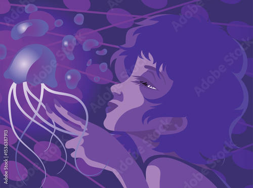 woman watching a purple jellyfish