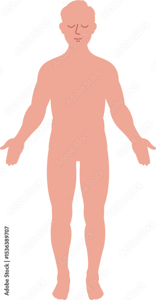 Fototapeta premium A simplified illustration of a man's body in a resting, anatomical pose. The silhouette with closed eyes represents health, wellness, and tranquility.
