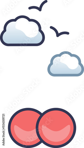An icon of an O2 molecule below a sky with clouds and birds. It symbolizes the oxygen in our atmosphere, essential for breathing, air quality, and life on Earth.