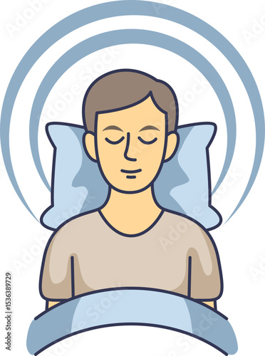 An illustration of a man in bed experiencing light sleep. The waves around his head symbolize the calm brain activity characteristic of this restful, initial sleep stage.