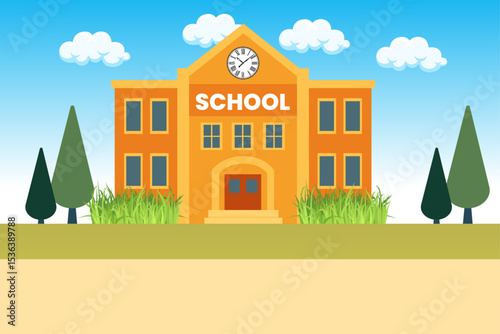 Bright and Cheerful School Building with Clock and Greenery