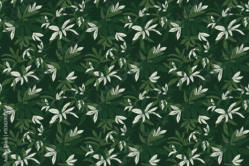 Seamless vector pattern with bold tropical leaves in green and deep on a dark background. Stylish botanical design for fabric, packaging, wallpapers, print, and fashion projects