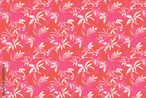Seamless vector pattern with bold tropical leaves in pink and orange on a red background. Stylish botanical design for fabric, print, packaging, wallpapers, fashion projects