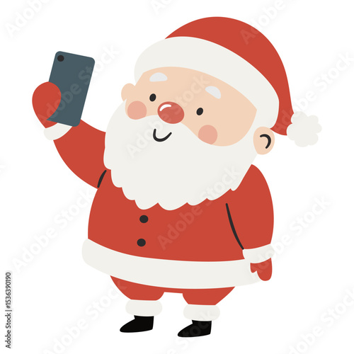 Cute Santa Claus holding his phone and taking selfies. Flat vector illustration on white background in simple child style. Vector illustration