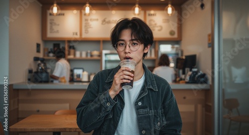 teenage korean boy in modern boba shop drinking bubble tea casual