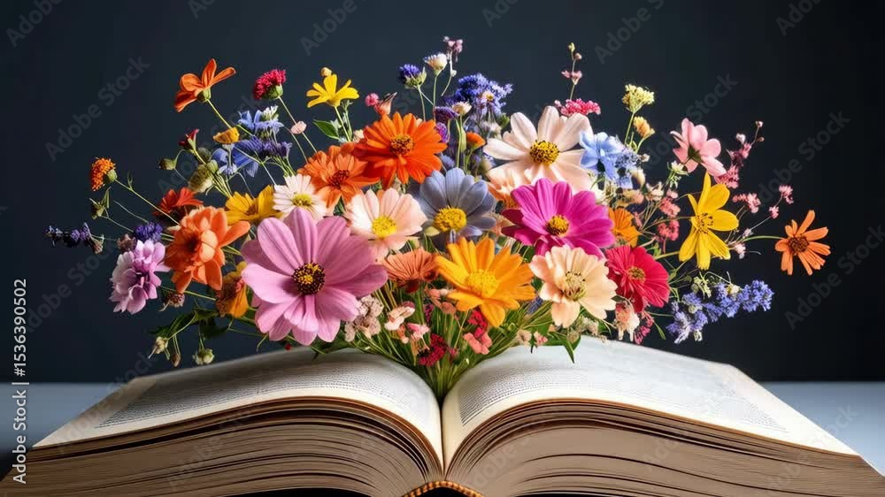 Artistic arrangement of colorful wildflowers bursting from the open pages of a vintage book, creating a vibrant and whimsical composition.