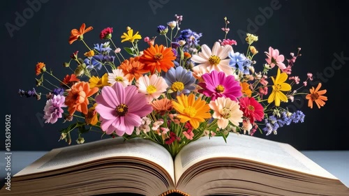 Artistic arrangement of colorful wildflowers bursting from the open pages of a vintage book, creating a vibrant and whimsical composition.