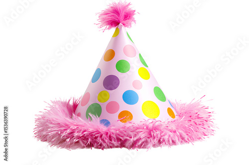 Festive birthday hat with colorful polka dots and pink fluffy trim, isolated on a white background. Detailed illustration 