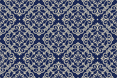 Wallpaper in the style of Baroque. Golden and dark blue floral ornament. Seamless vector background. Graphic pattern for fabric, wallpaper, packaging. Ornate Damask flower illustration