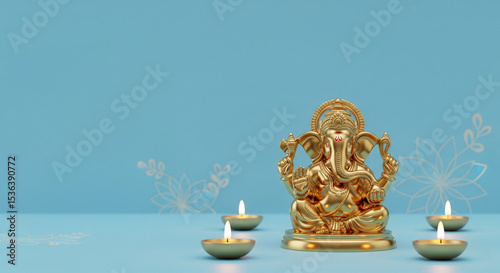 Golden Lord Ganesh idol, festive background, minimalistic elements and pastel colors, auspicious vibes