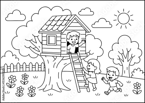 Anthropomorphic Animals, coloring page, A magical treehouse high up in a tree, filled with fun and imagination for young