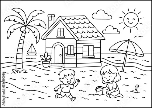 Anthropomorphic Animals, coloring page, A cozy beach home with ocean views, sandcastle fun, and relaxing palm trees.