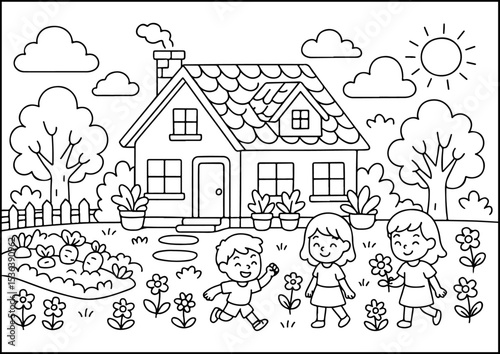 Anthropomorphic Animals, coloring page, A peaceful garden home surrounded by nature, with kids playing outside and flowers blooming all around.