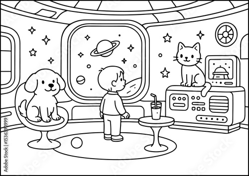 Anthropomorphic Animals, coloring page, A dreamy space station home with robots, floating furniture, and a galaxy outside the window.