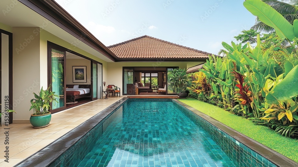 Fototapeta premium Luxurious villa with private pool, lush tropical garden, and spacious patio.