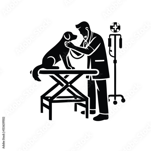 Veterinarian Examining Dog with Stethoscope beside IV Stand, Clean Black Line Vector Depicting Pet Care, Health, and Animal Welfare