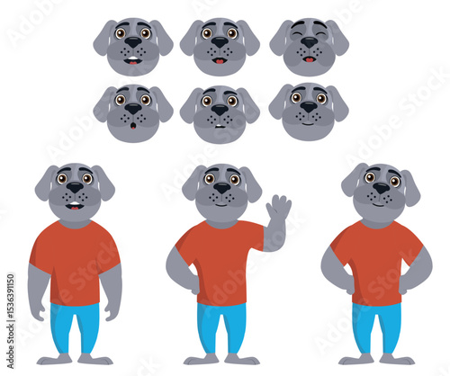 Cute Anthropomorphic Grey Dog Character with Various Expressions and Poses for Animation and Design Projects