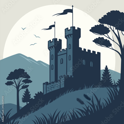 Silhouette vector of a medieval castle with flags, perfect for fantasy themes, historical designs, fairytale illustrations, gaming artwork, and medieval-inspired branding or prints.