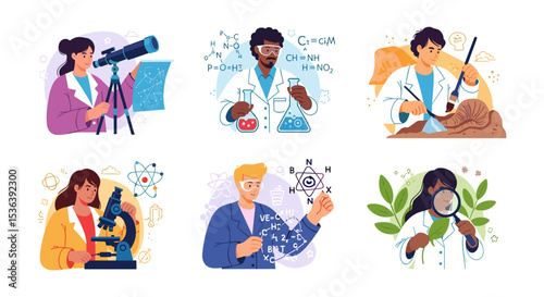 Illustration showing six diverse scientists engaged in various scientific activities and research work