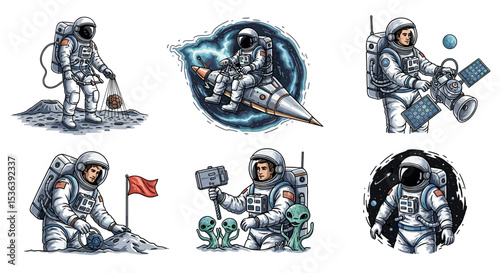 Illustrations of astronauts in various space exploration scenarios and alien encounters on different worlds