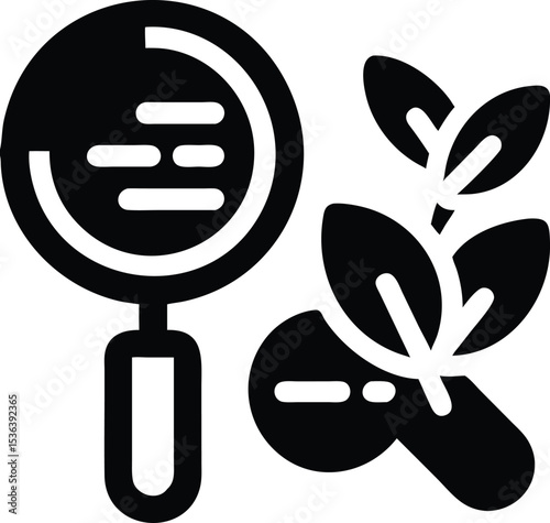 Studying plant icon, Botany, biology. Magnifying glass and plant leaf vector