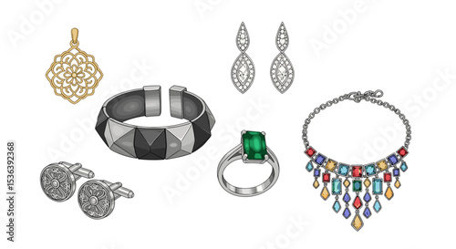 A collection of jewelry including earrings, a necklace, a ring, cufflinks, and a pendant is displayed