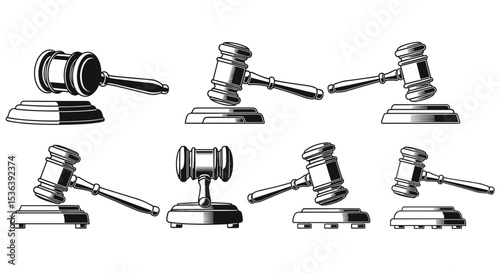 Collection of monochrome gavel illustrations depicting justice and legal proceedings in various angles