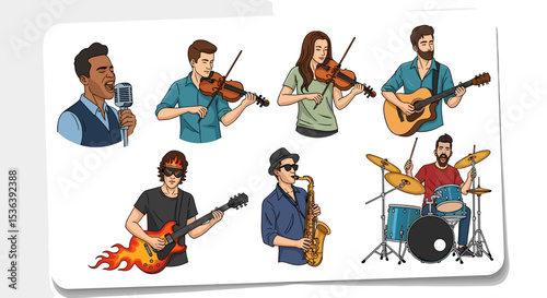 Illustration of a band with a singer, violinists, guitarist, saxophonist and a drummer playing music