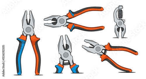 Illustration showing a variety of pliers with grey metal and orange and blue handles on a white background